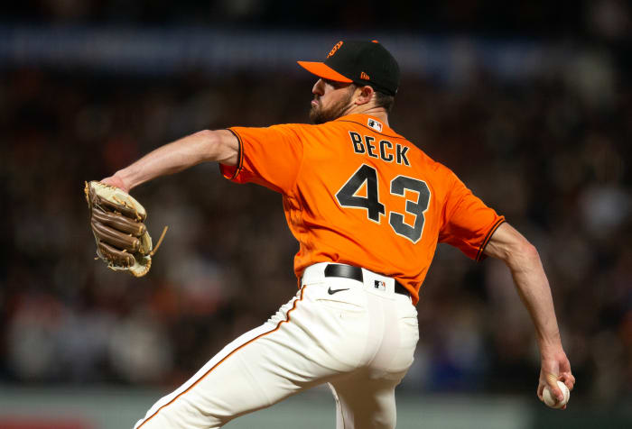SF Giants pitcher Tristan Beck delivers a pitch against the Chicago Cubs during the seventh inning at Oracle Park. (2023)